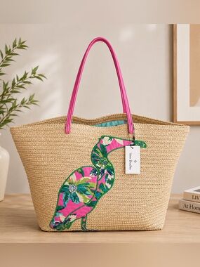 Vera Bradley Flamingo Straw Beach Tote Pink Tropical Large Travel Bag NEW